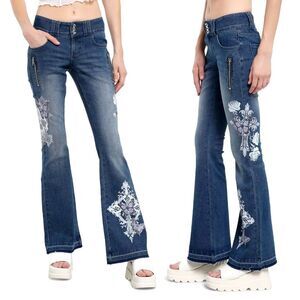 Hot Topic Social Collision Flare Jeans Women 0 Butterfly Skull Low Rise Goth Y2K